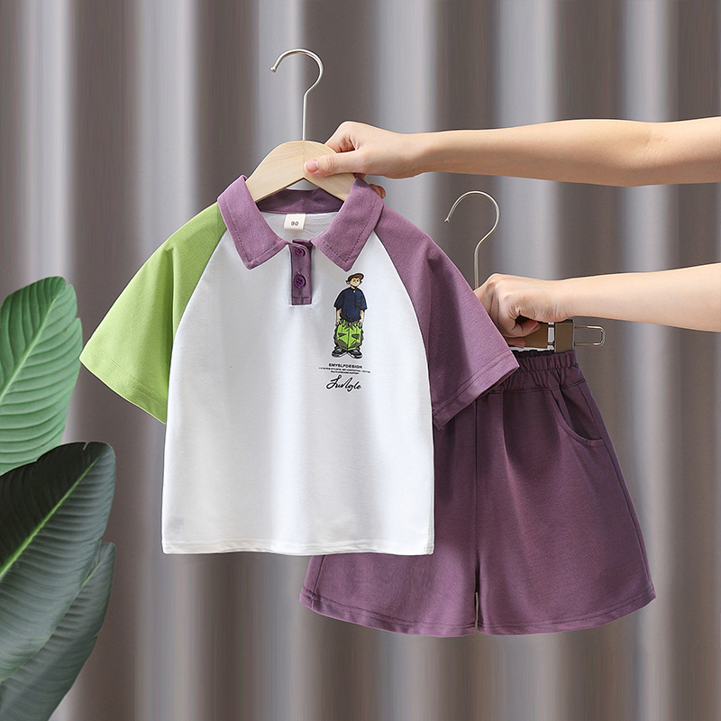 7434 traje de verano para niños 2025 nueva camisa POLO de manga corta para niños guapos traje de dos piezas deportivo de verano