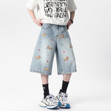 2025夏季新款男士高级感腊肠狗绣花高质量牛仔7分裤大码宽松短裤