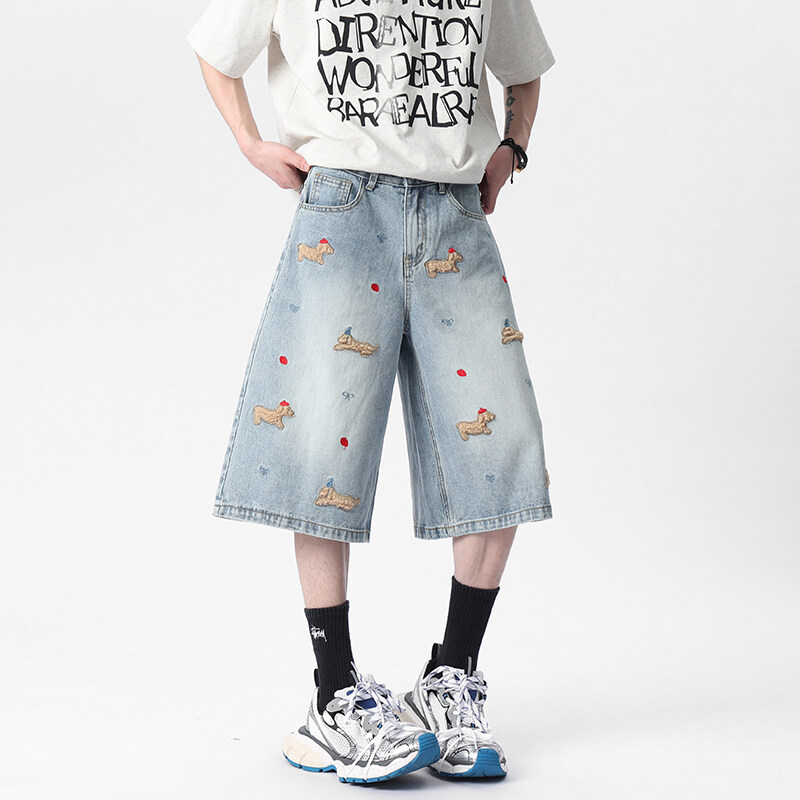 2025夏季新款男士高级感腊肠狗绣花高质量牛仔7分裤大码宽松短裤