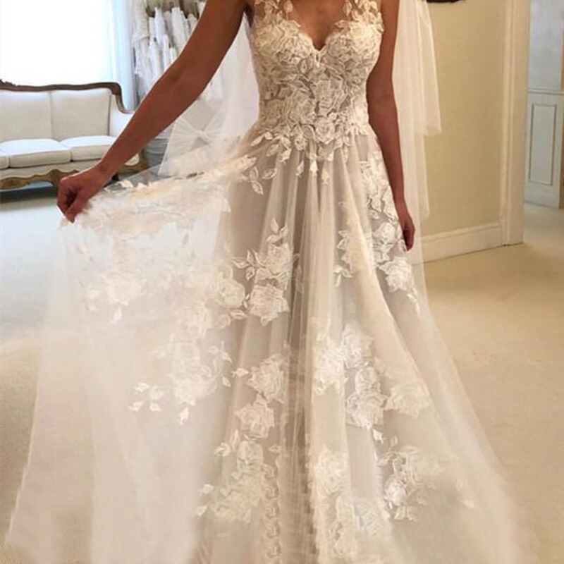Foreign Trade 2022 New Deep Shoulder V-Neck Slim-Fit Slimming Lace Sexy Shoulder Trailing Wedding Dress Travel Shooting