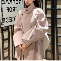 中长款粉色立领风衣外套女秋季法式复古气质显瘦高级感大衣