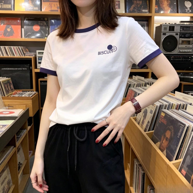 Patchwork Short-Sleeve T-Shirt for Women, Loose Fit, Round Neck, Printed Letters, Pure Cotton, Slimming Effect, Trendy Ins Style