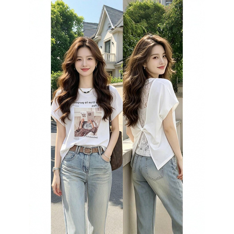 Cross-border design printed short-sleeve T-shirt for women, new summer style with lace splicing, loose fit, slimming, versatile and trendy top Cross-border design printed short-sleeve T-shirt for women, new summer style with lace splicing, loose fit, slimming, versatile and trendy top