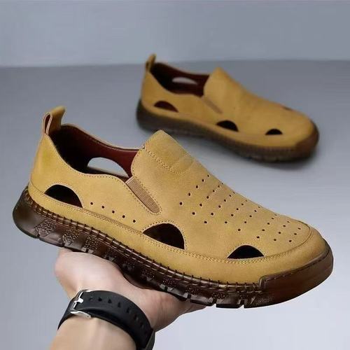 2025 Spring and Summer Men's Mesh Breathable New Leather Slip-On Cap Toe Sandals for Men, Overseas Large Size Beach Shoes