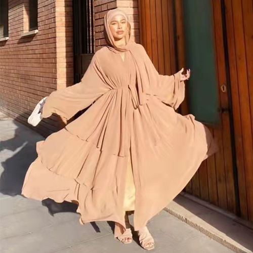 Direct Supply to Europe and the U.S. Fashionable Patchwork Three-Layer Chiffon Flowy Cardigan Dress Robe 9055