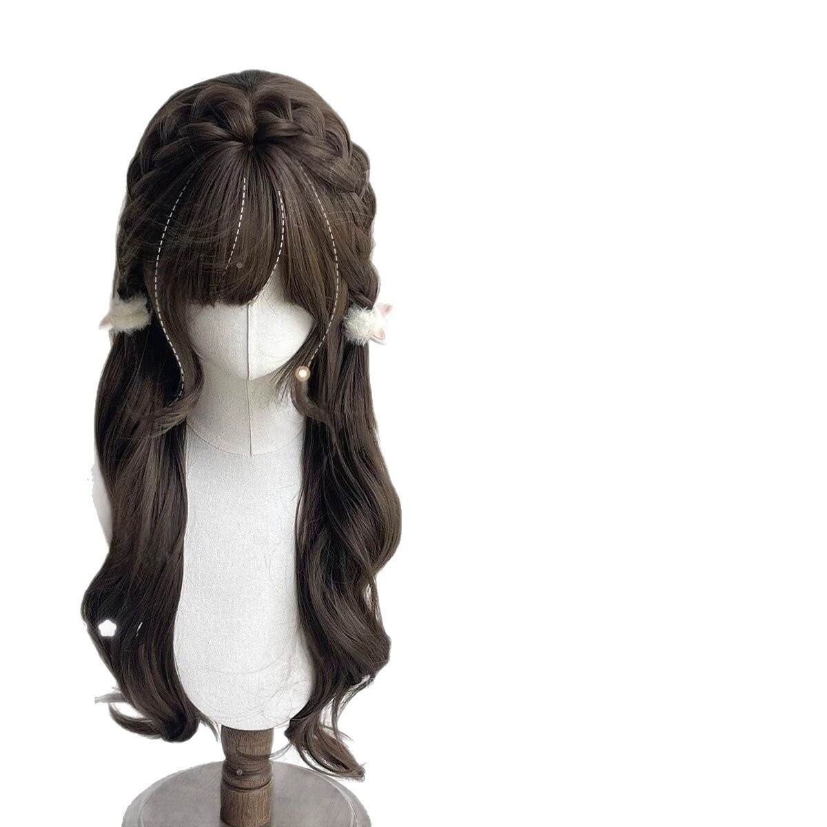 Fuzzy Bunny Lockenperücke für Damen - Lolita-Stil mit Halbflechtzöpfen und langen Locken, Komplettkostüm
