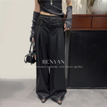 本言 十三行秋法式设计感双腰头直筒阔腿显瘦PU皮休闲皮裤女82323