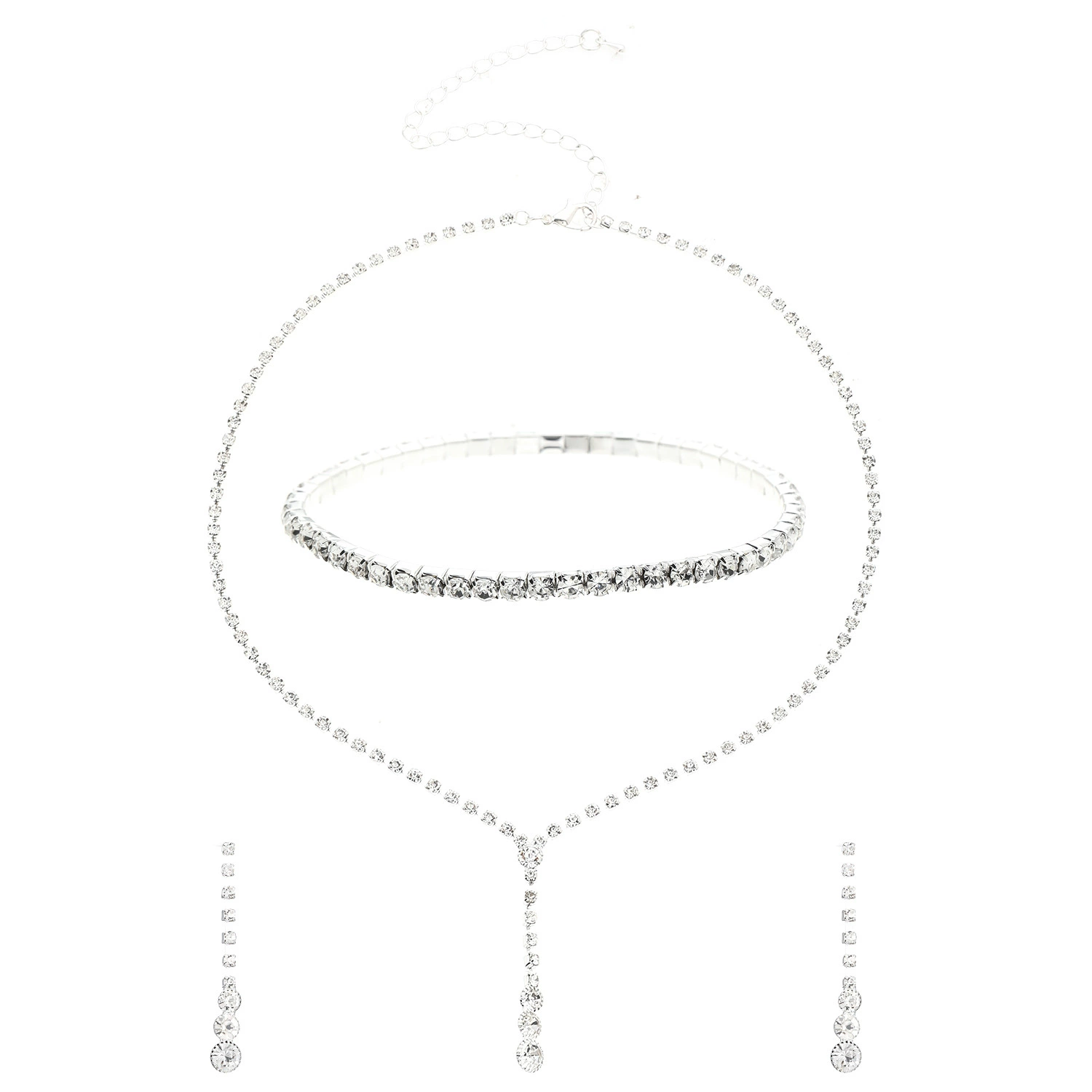 С Sophisticated crystal necklace, necklace and earrings, ear clips, set for bride, accessory, wedding dress
