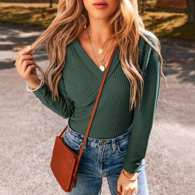 Autumn New Solid Color Long-Sleeve Top for Women, European and American Casual Versatile Slim-Fit V-Neck Women's Bodysuit