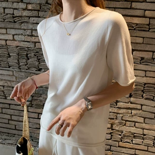L贝琳sisy店主自留~黑标无缝一体针织T恤天丝羊毛圆领短袖上衣女
