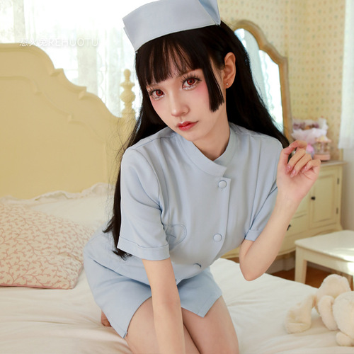 Hot Rabbit 2 New Sexy Lingerie Sexy Round Neck Passionate Hot Short Skirt Straps Nurse Uniform Temptation Set