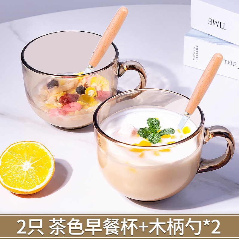 2 brown breakfast cups + 2 wooden handle spoons