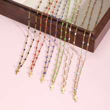 跨境专供欧美时尚电镀不锈钢十字架项链女简约百搭滴油米珠锁骨链