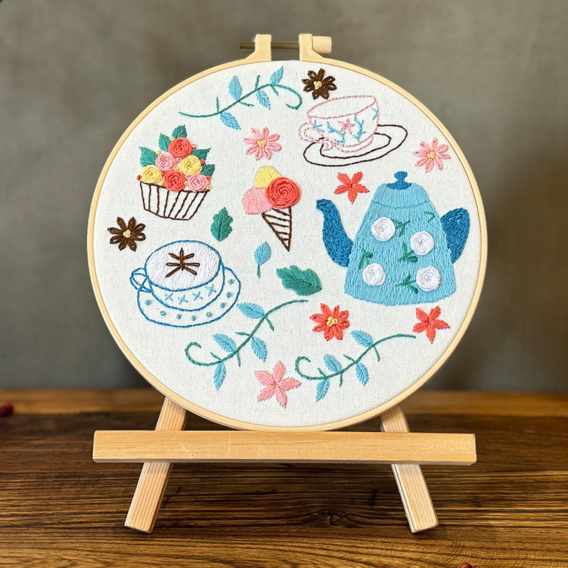 Lu bordado redondo tiempo de té de la tarde pintura colgante bordada a mano DIY material paquete de dibujos animados impresión infantil pintura colgante de pájaros