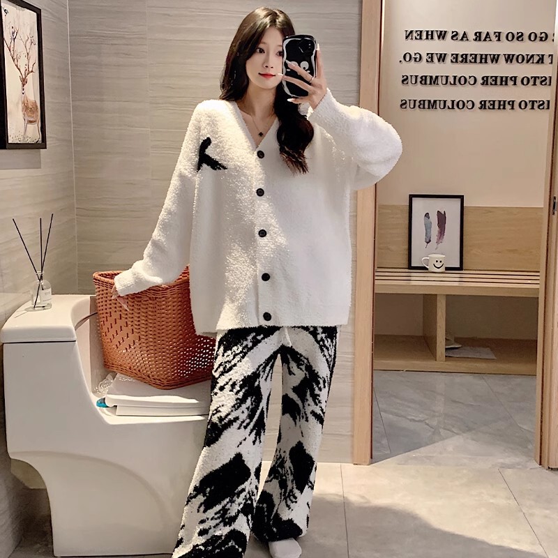 韩版条纹半边绒睡衣女冬款新款加厚毛绒针织秋冬家居服套装可外穿|undefined