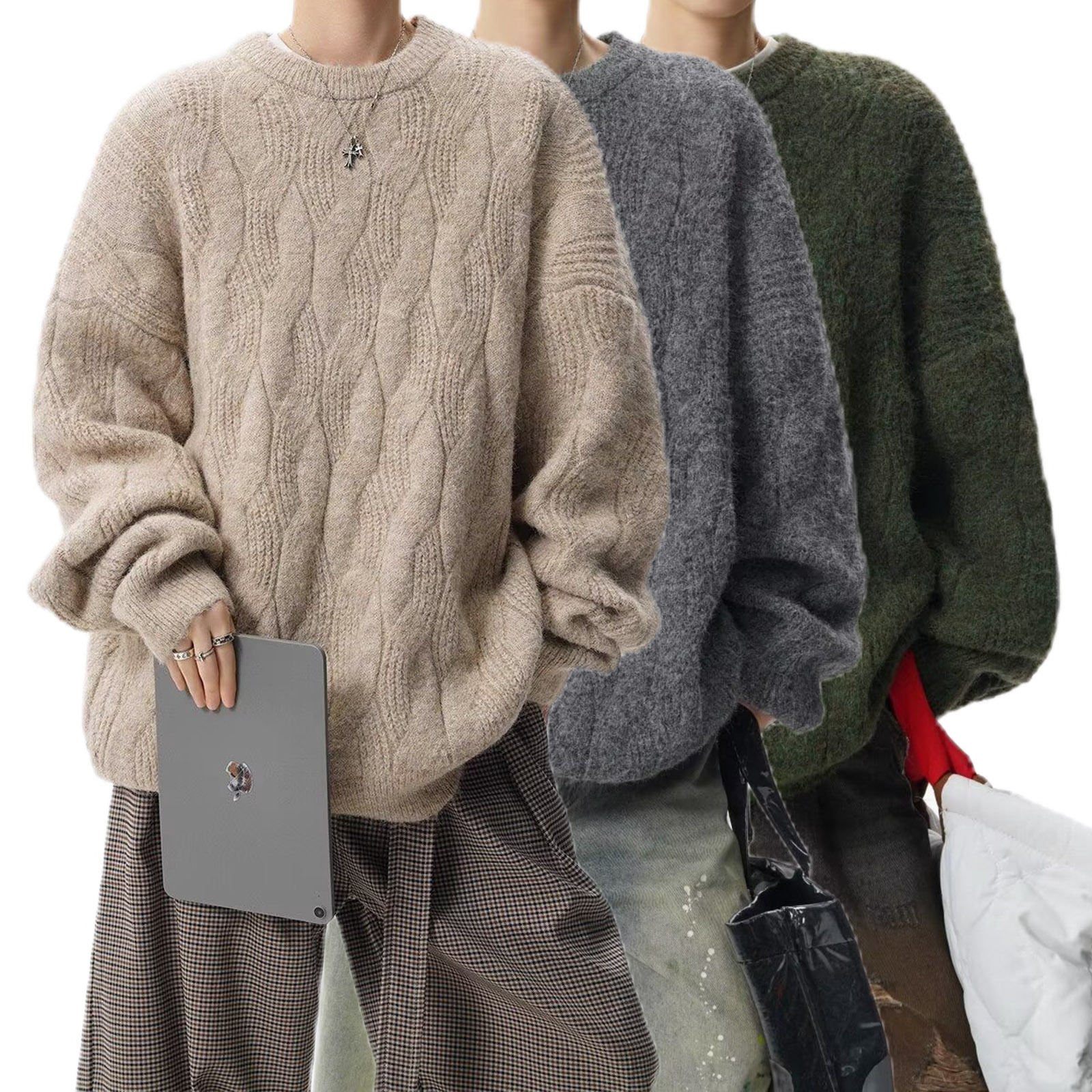 Explosiones transfronterizas de tamaño europeo de tamaño grande torcido cuello redondo jersey suéter masculino base exterior invierno fábrica de suéter al por mayor