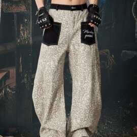 跨境外贸美式复古豹纹贴布口袋牛仔裤男女宽松街头阔腿弯刀休闲长