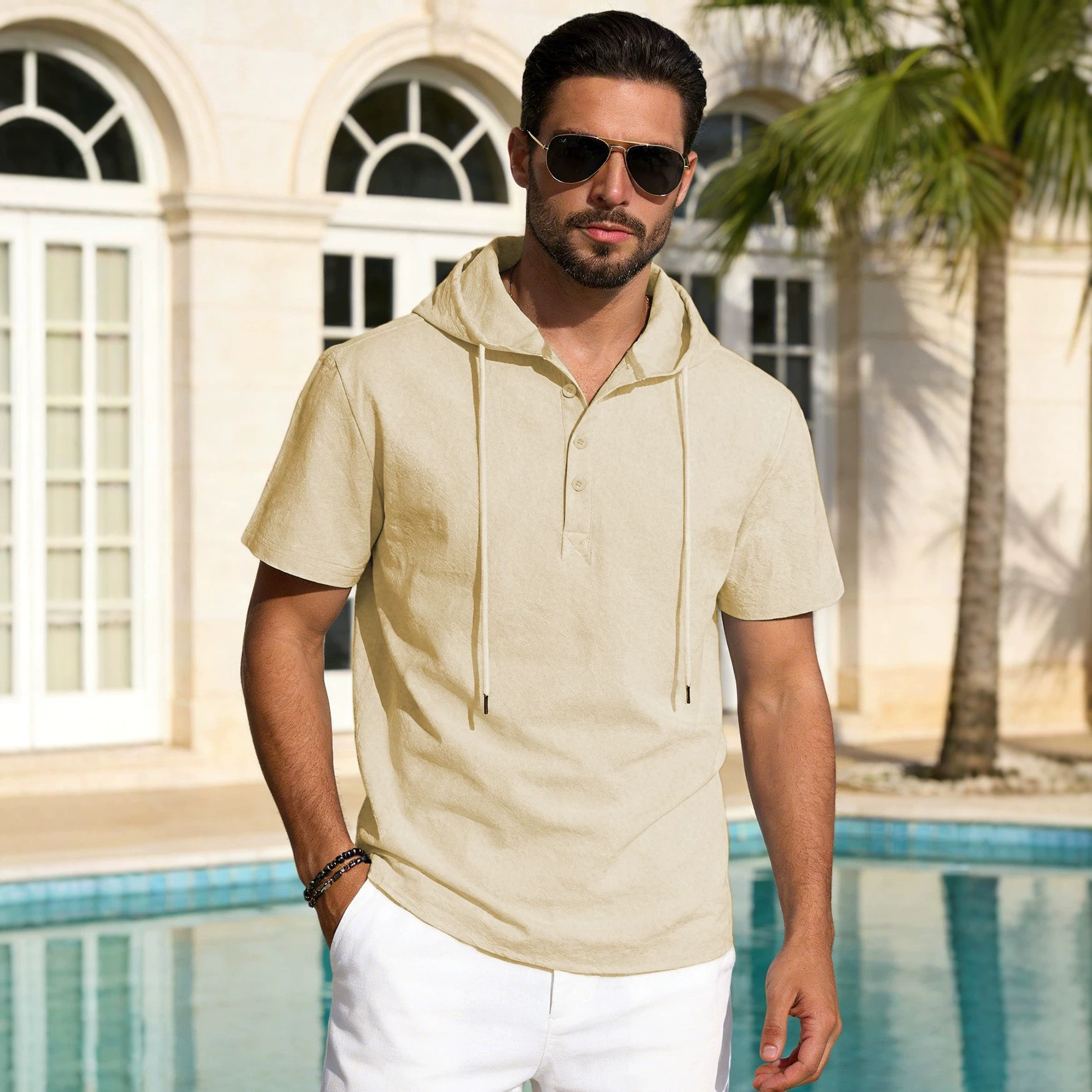 Nuevo cross-border nuevo hombre lino camiseta de manga corta camiseta de playa camiseta con capuz camiseta de manga corta de color sólido hombre