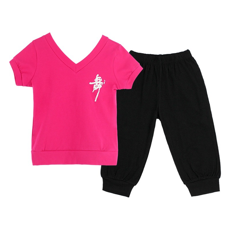 Ropa de baile niños niñas baile verano práctica ropa traje niñas rosa roja manga corta cuello en V rábano pantalones traje de dos piezas