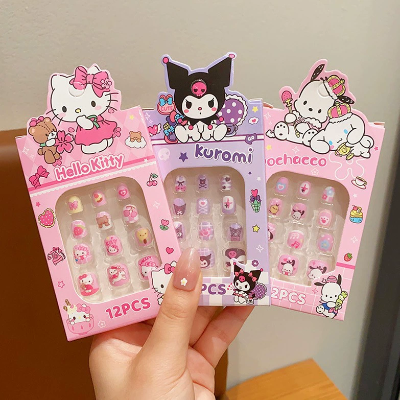 Съемные детские наклейки для ногтей (Sanrio), наборы по 12 шт., милые съёмные накладные ногти