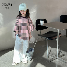 YOJIA女童条纹T恤春装2025新款洋气百搭童装体恤儿童短袖上衣春夏