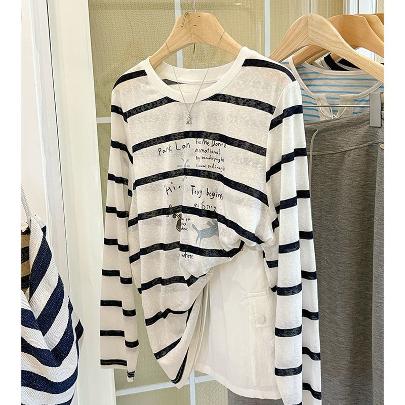Lyocell Cool Cartoon Printed Stripesd Loose Long-Sleeved Thin Sun Protection Blouse T-Shirt Top for Women Summer