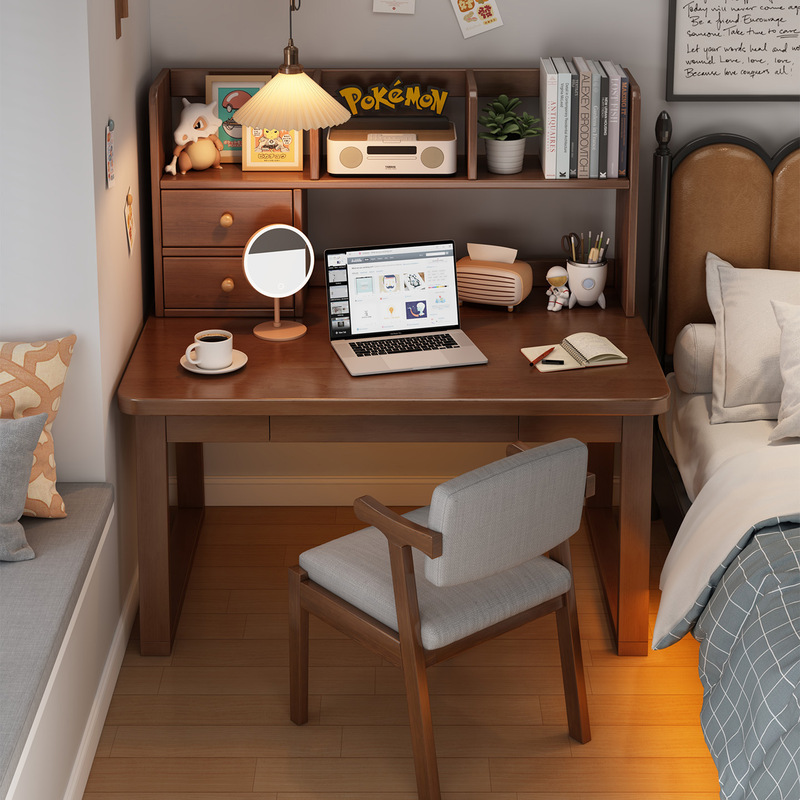 Solid Wood Desk and Bookshelf Integrated in a Mid-Century Style for Home Use, Office Computer Desk, Bedroom Student Study and Storage Table