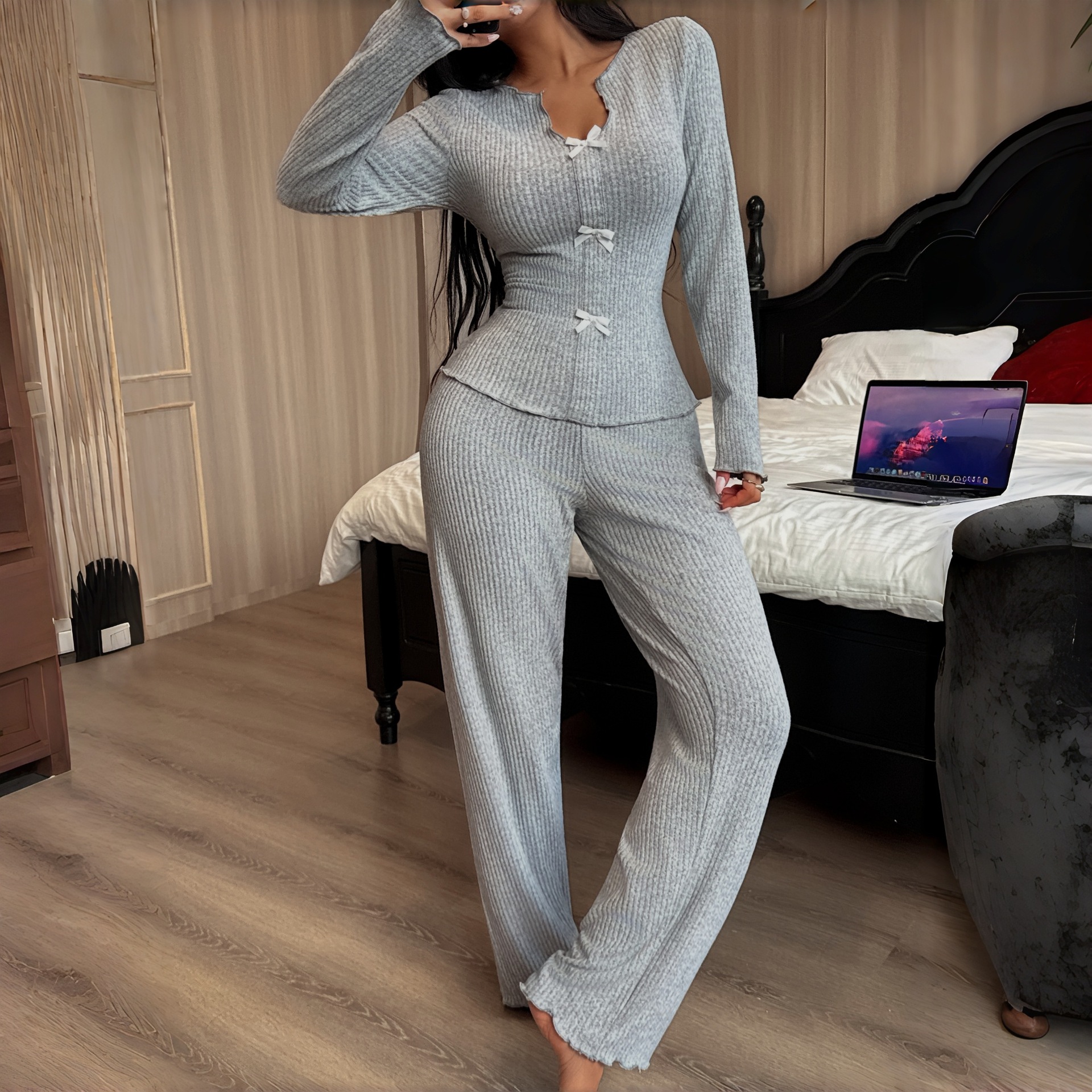 Women's Bow Knit Pajamas - V-Neck Long Sleeve Top & Pants Set, Fashionable Home Wear_voghion.com