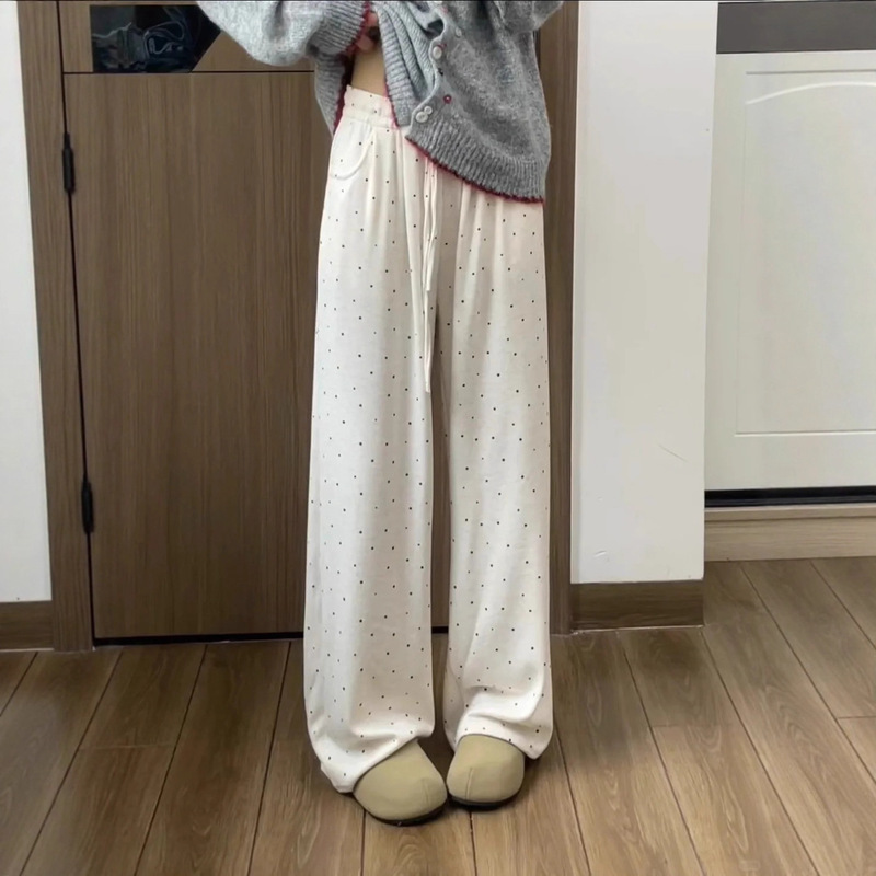 New Printed Polka Dot Glutinous Rice Pants for Women, Autumn and Winter, Fleece-Lined, Thickened, Slim-Fit, Straight-Leg, Long Walking Pants