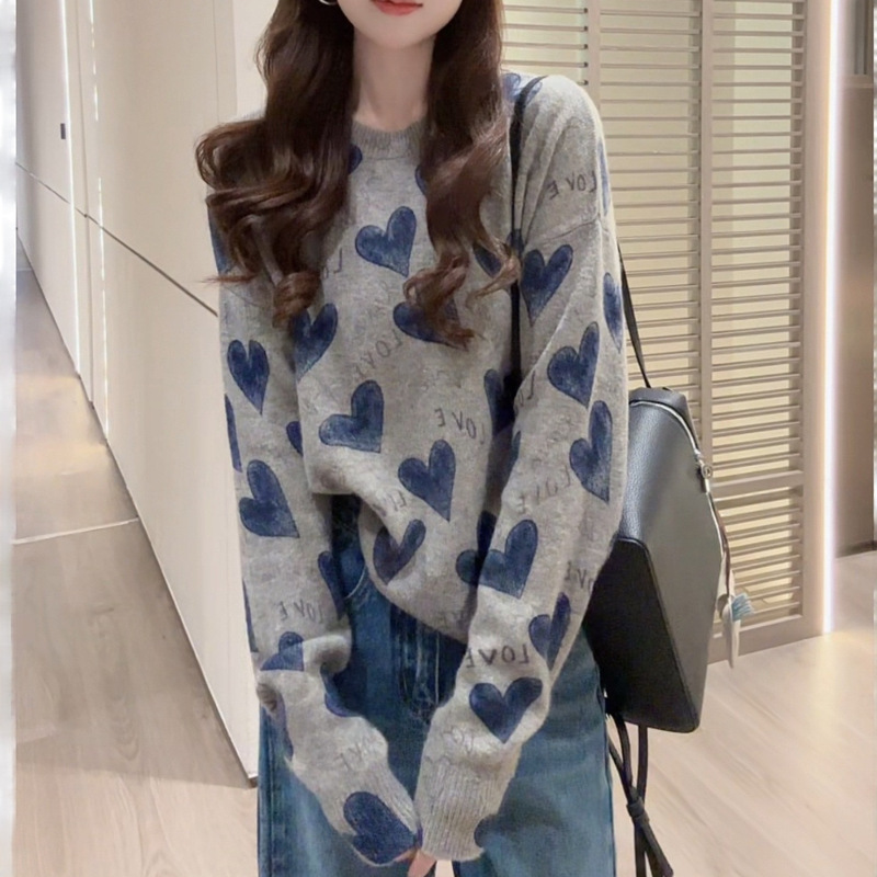 Lazy Style Loose Atmosphere Knitted Sweater Design Age-Reducing Pullover Love Letter Sweater Top for Women