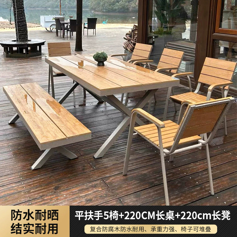 5 sillas con reposabrazos planos + mesa larga de 220 cm + banco de 220 cm
