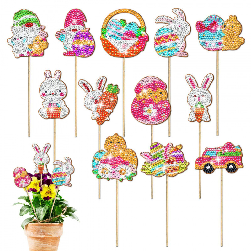 Estacas decorativas para macetas con diseño de flores para decoración de plantas en el hogar y escritorio, fabricante de estacas de jardín hechas a mano con pegatinas de diamantes DIY.