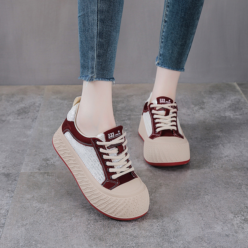 Giày sneaker nữ đế dày da thật lưới thoáng khí phối màu mũi to — màu đỏ