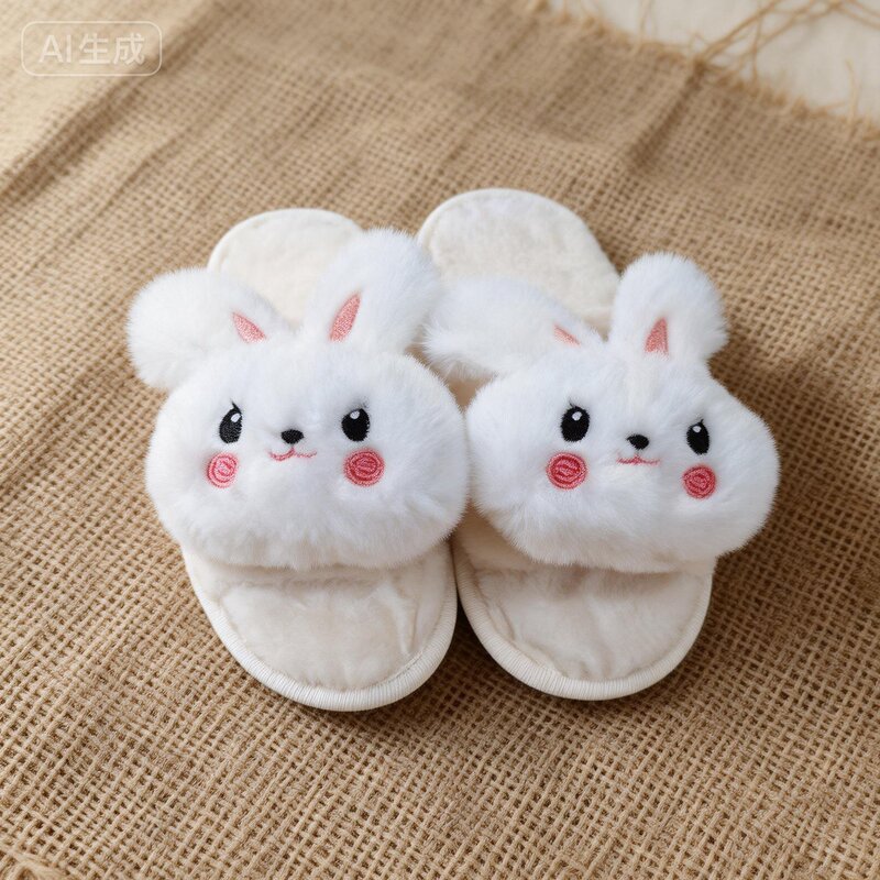 Autumn and Winter Parent-Child Style Plush Slippers, Indoor Soft-Soled Non-Slip Flat-Heeled Furry Shoes, Fluffy Cute Cartoon Slippers