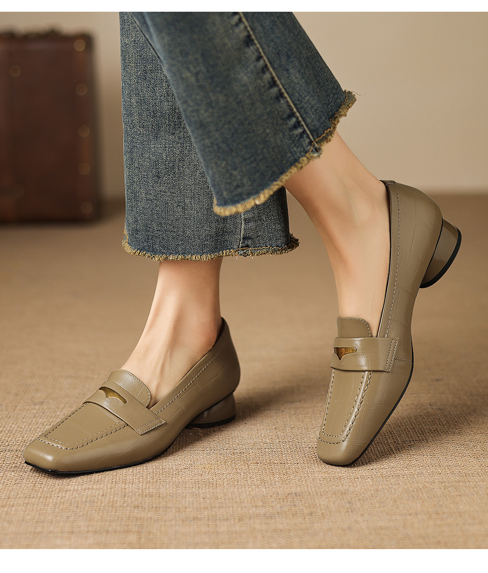 Giày loafer nữ da dê mũi vuông gót thấp kiểu cổ điển — đen chi tiết 24