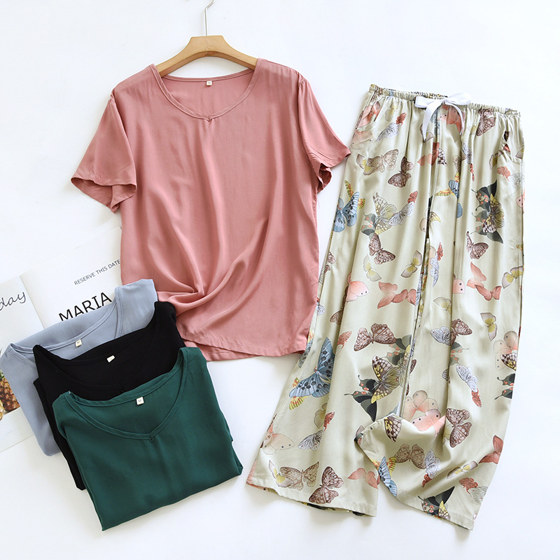 Summer New Style Cotton Women's Home Clothes Pajamas Ram Cotton Solid Color Short-sleeved Floral Eight-point Wide-leg Pants Casual Set