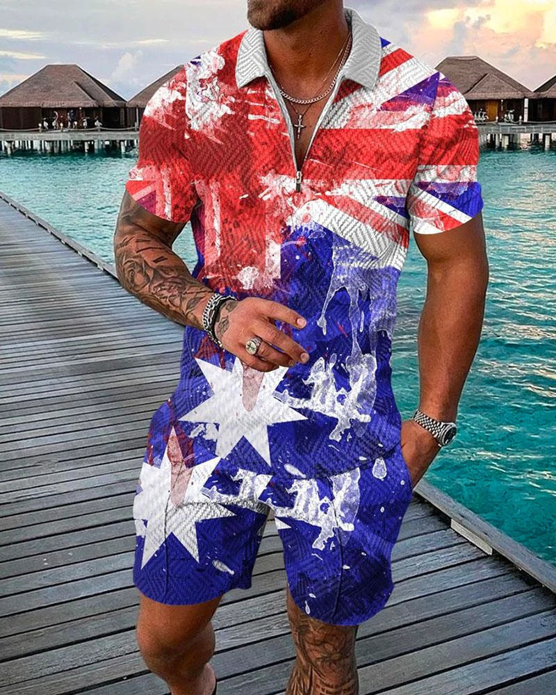 여름 크로스 국경 패션 지퍼 폴로 셔츠 세트 남성 캐주얼 3D 인쇄 폴로 비치 반바지 2 개 세트