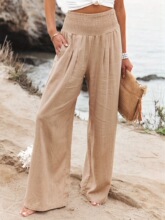 W 23894 Overseas Hot Sale Linen Elastic Waist Wide Leg