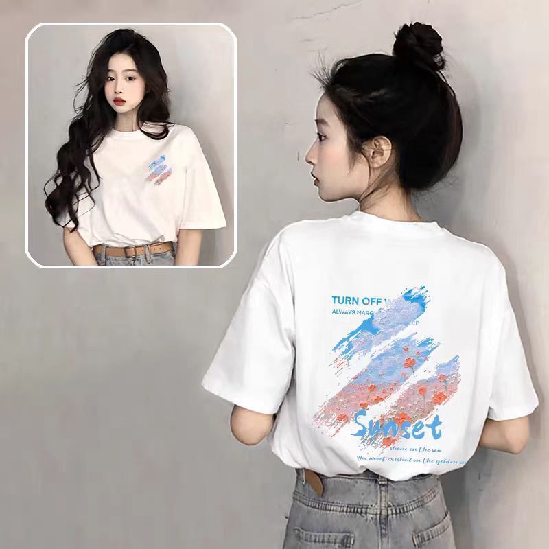 ピュアコットンブラックラウンドネック半袖レディースTシャツ2025新しいホットスタイル夏ルーズアメリカンプリントトップTシャツトレンディ|undefined