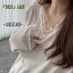 白色竹节纯棉v领百搭慵懒长袖t恤女2025春秋季蕾丝花边打底衫上衣