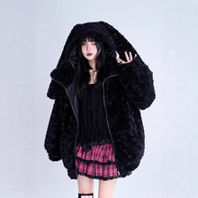 黑色羊羔毛兔耳朵连帽毛毛外套女2025新款环保皮草宽松加绒棉服厚