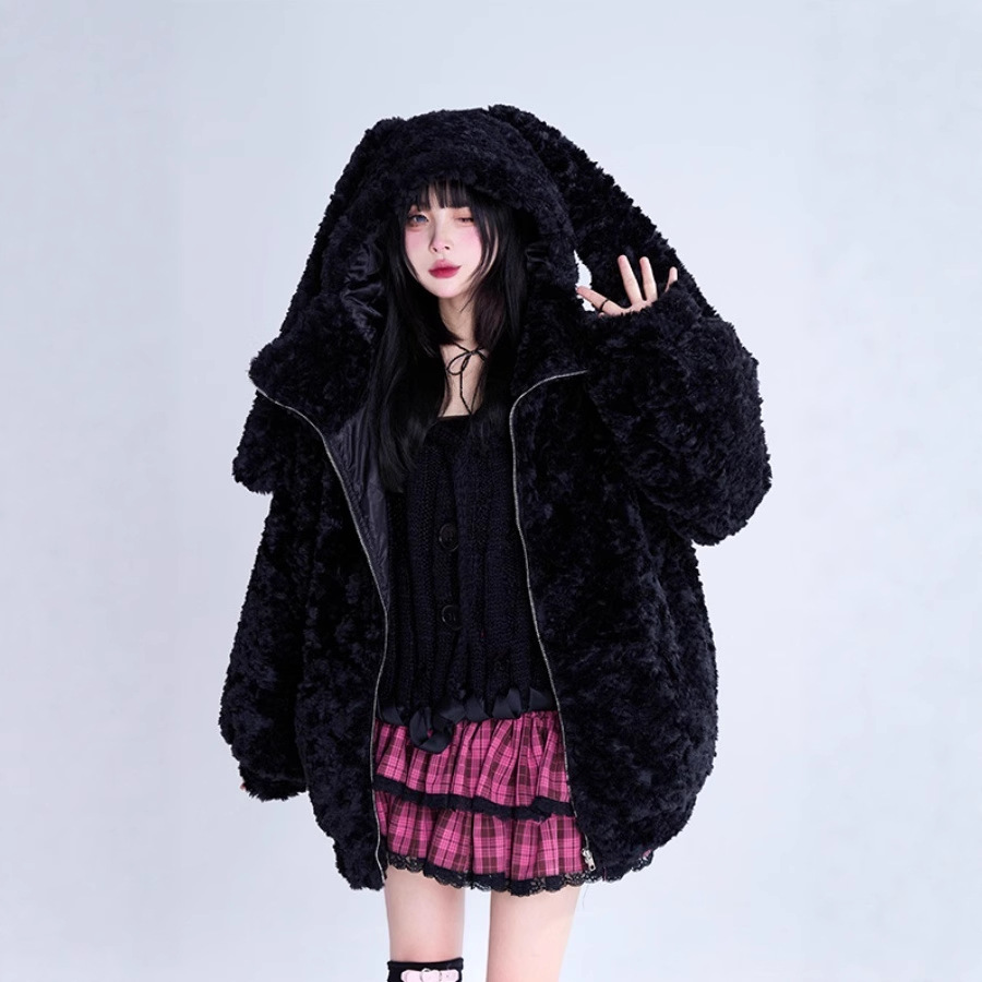 黑色羊羔毛兔耳朵连帽毛毛外套女2025新款环保皮草宽松加绒棉服厚