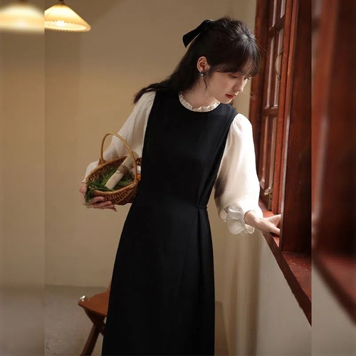 French-style color-blocked two-piece long-sleeve tie-dress mid-length autumn/winter versatile long dress