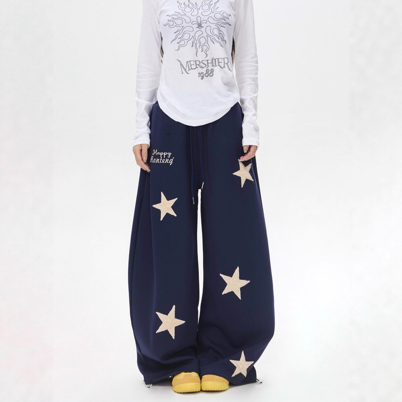 American Retro Star Embroidery Sports Sweatpants for Women, Loose, Lazy Style, Slimming Wide-Leg Casual Floor-Length Pants