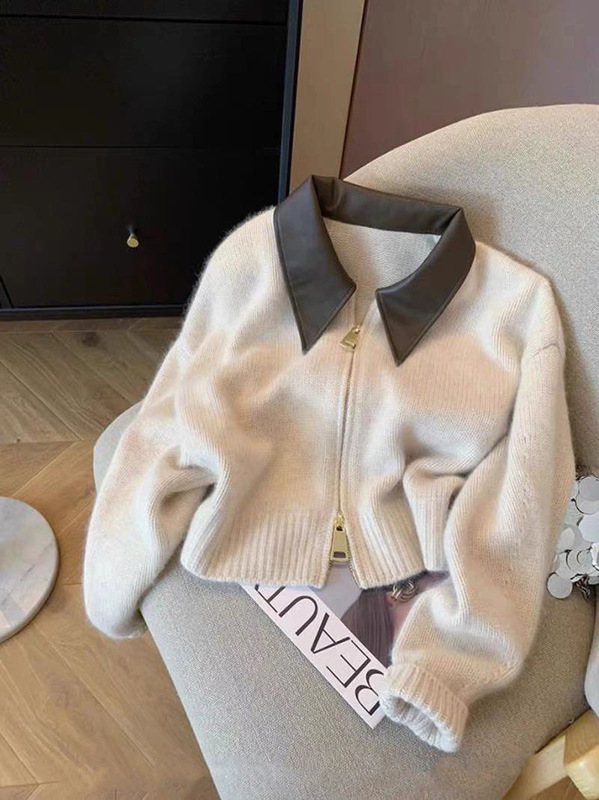 欧货高级感皮POLO领拼接针织开衫双头拉链慵懒风浣熊绒毛衣外套女|undefined