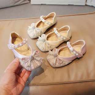 2025 Spring New Girls Princess Shoes Bow Crystal Shoes Baby Girl Small Leather Shoes Semi-Cool Single Shoes Soft Sole