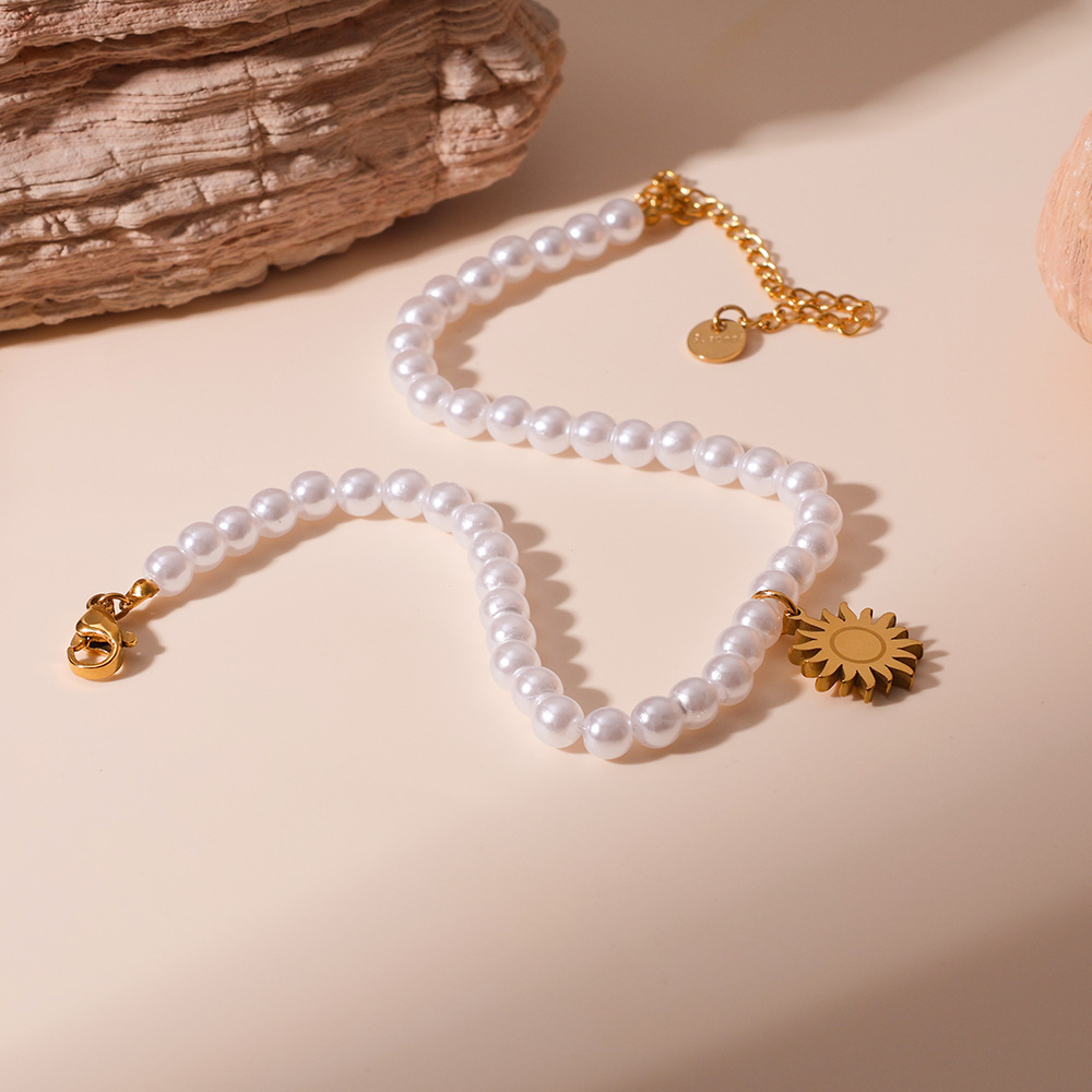 Amazon joyería de temperamento transfronterizo perla de una sola capa accesorios de girasol de acero inoxidable tobillera al por mayor 18K