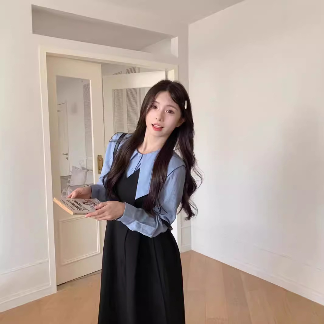부드러운 아카데미 스타일 스티칭 작은 검은 원피스 여성용 봄 달콤한 인형 칼라 대조 컬러 바느질 허리 우아한 원피스