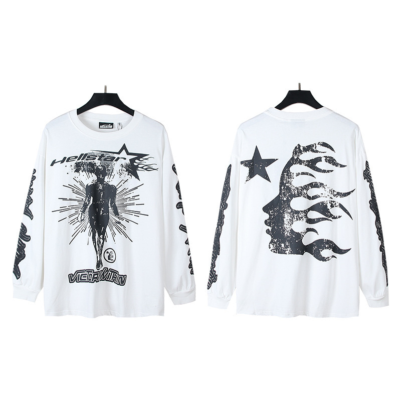 Hellstar アメリカのトレンディなハイストリートレトロウォッシュ加工プリントストリートロックスウェットシャツ長袖 Tシャツ男性と女性のトップス|undefined