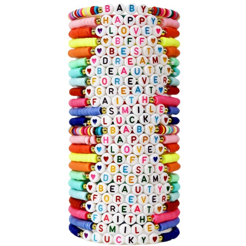 Hot-Selling Amazon Inspirational Soft Clay Beaded English Letter Handmade Clay Bead Elastic Bracelet Gift Wholesale